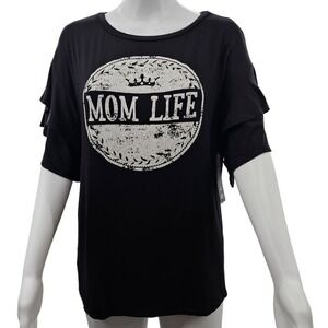 Timing Mom Life Graphic Tee Ruffle Short Sleeve Top Black Women's X-Small Crew